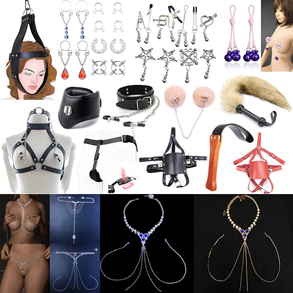 PU Leather Collar with Nipple Clamps for Couples