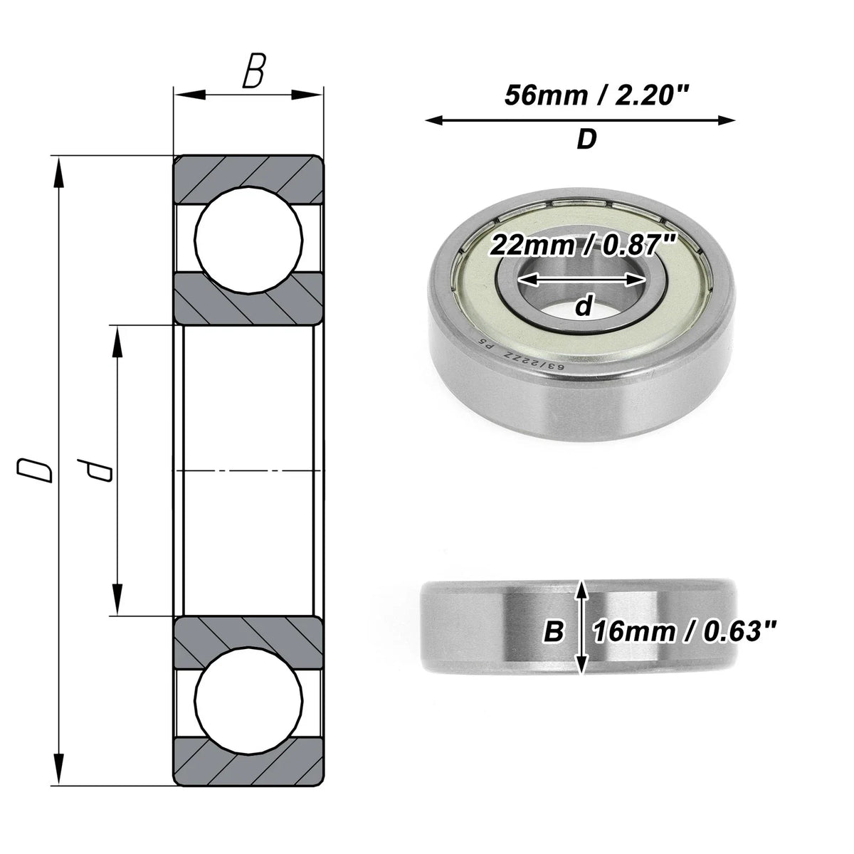 Deep Groove Ball Bearing P5 for Scooter Skateboard Wheel (22x56x16mm)