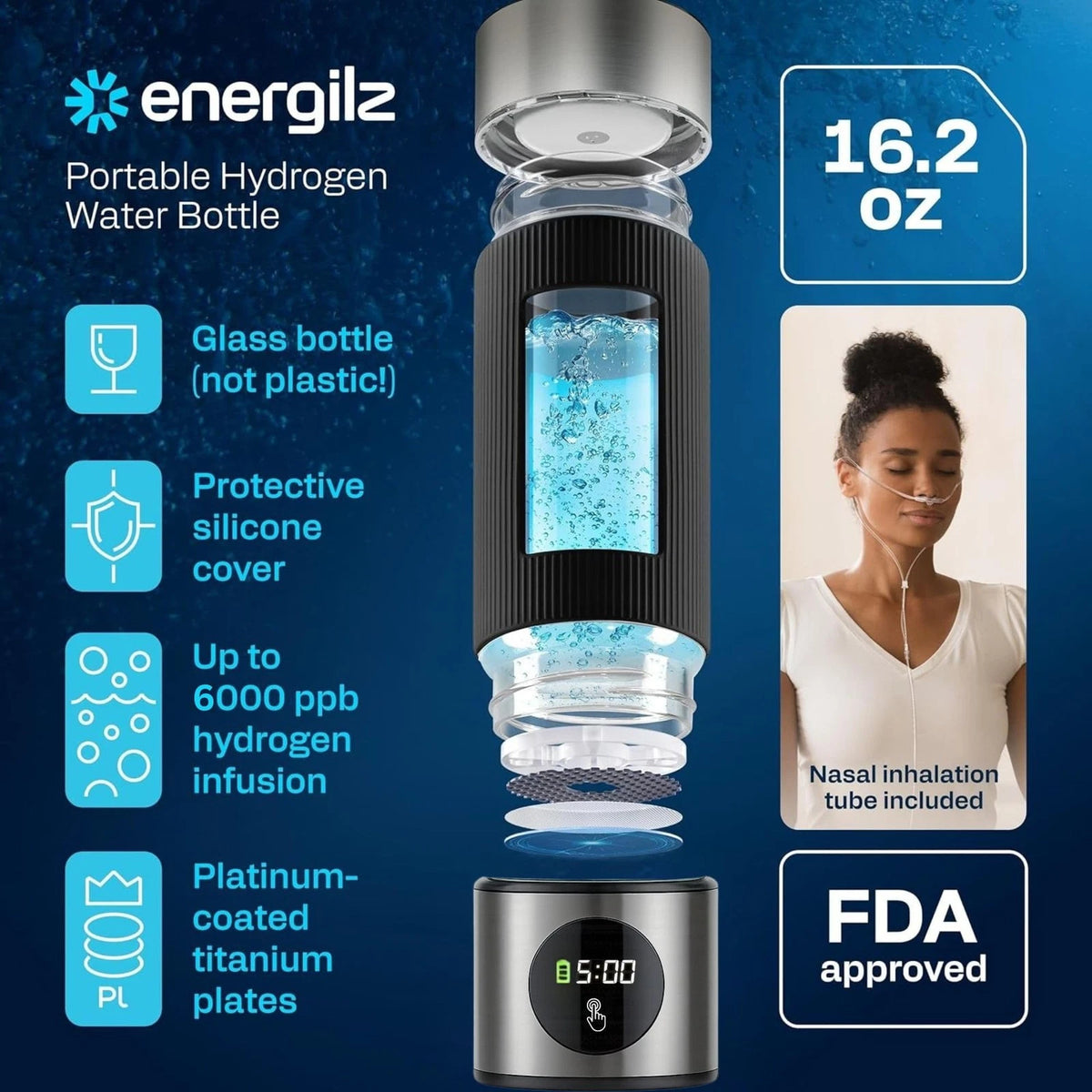 Energilz Hydrogen Water Bottle for Universal Use (16.2 oz, Silver)