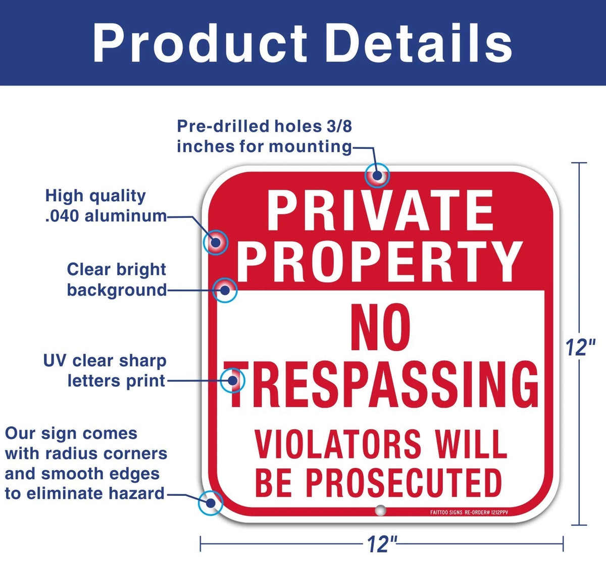 12" x 12" Metal No Trespassing Sign for Private Property