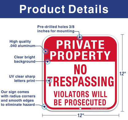 12" x 12" Metal No Trespassing Sign for Private Property