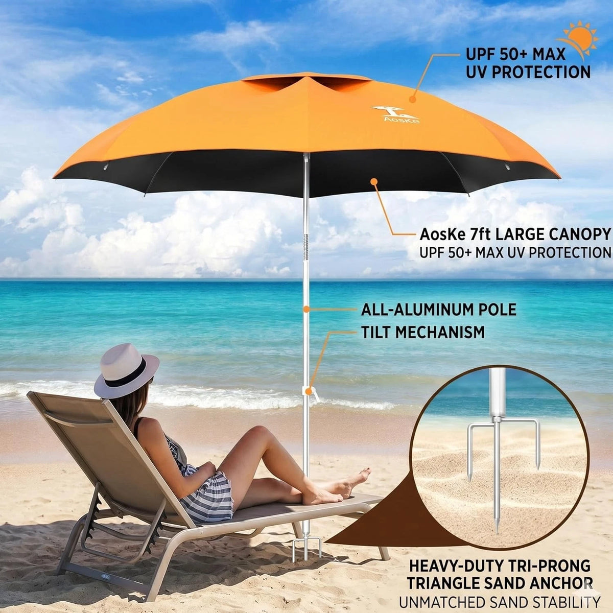 7ft Portable Beach Umbrella with Anchor for Sand