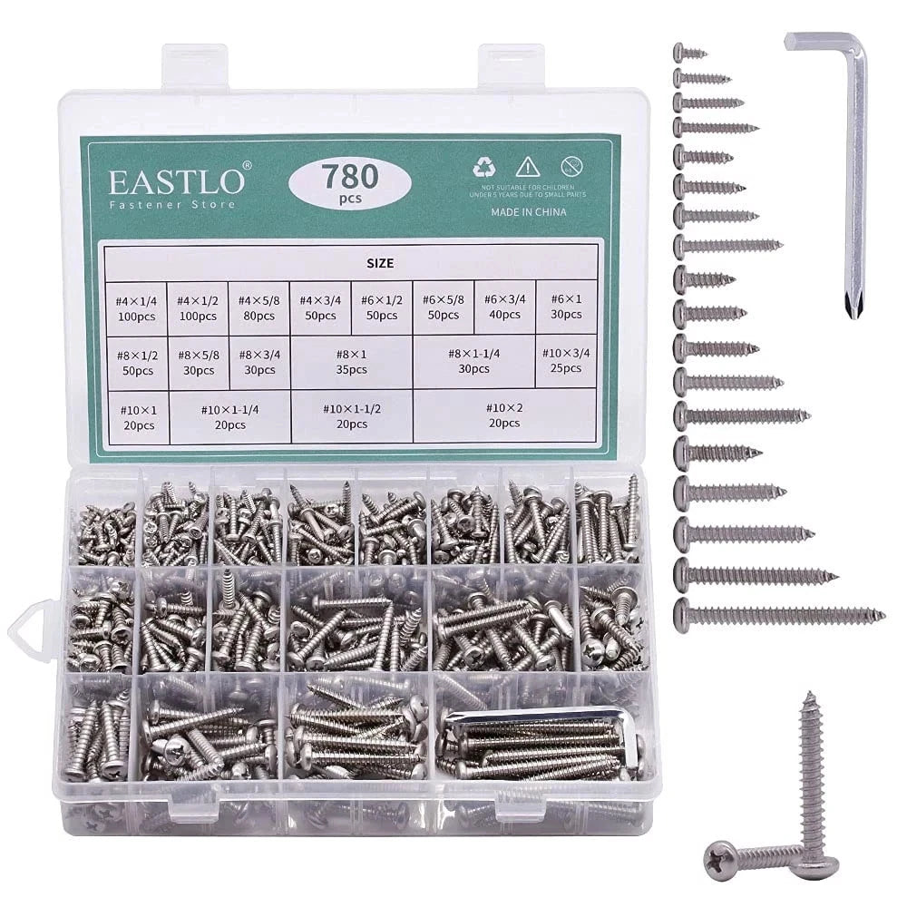 780 PCS Pan Head Sheet Metal Screws Assortment 304 Stainless Steel
