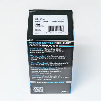 Capacitor Round Dual Run 60 + 15 uf for HVAC Motors (370/440 Volts)
