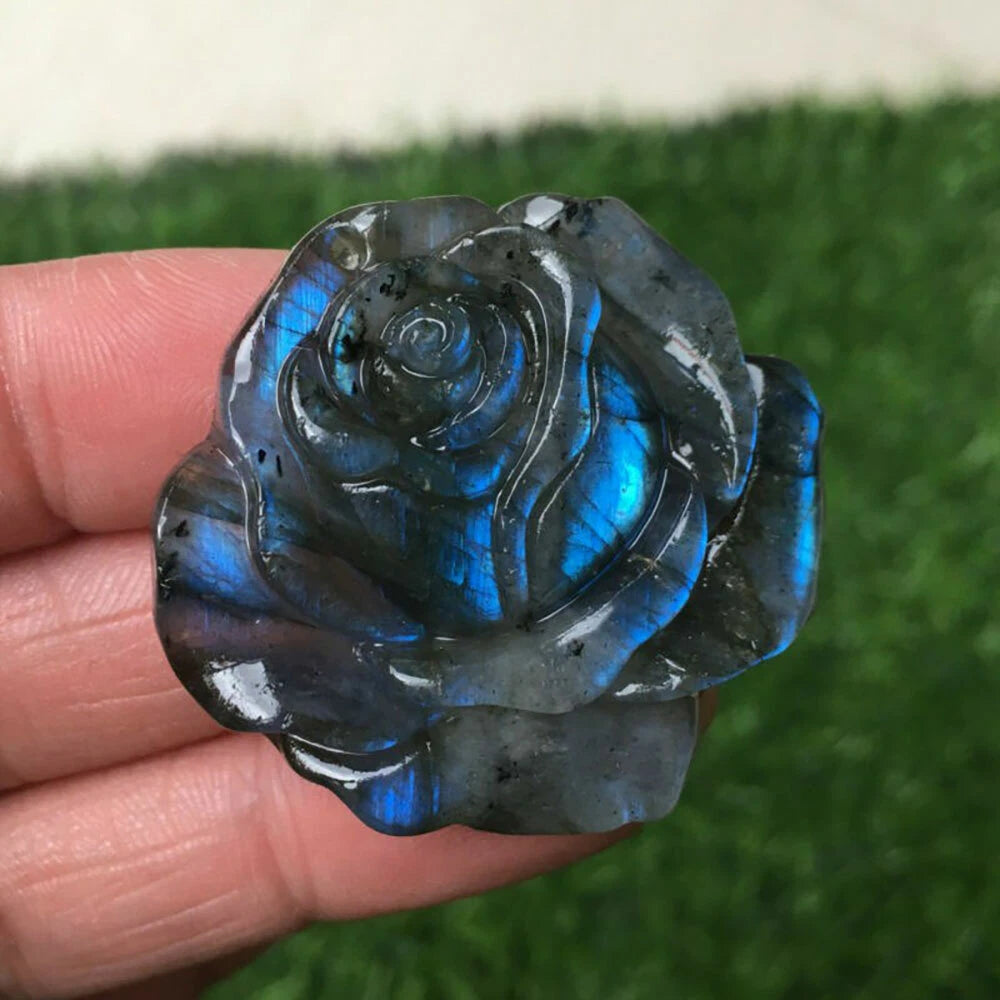 Natural Blue Labradorite Hand Carved Rose Flower Crystal Quartz Healing Gift