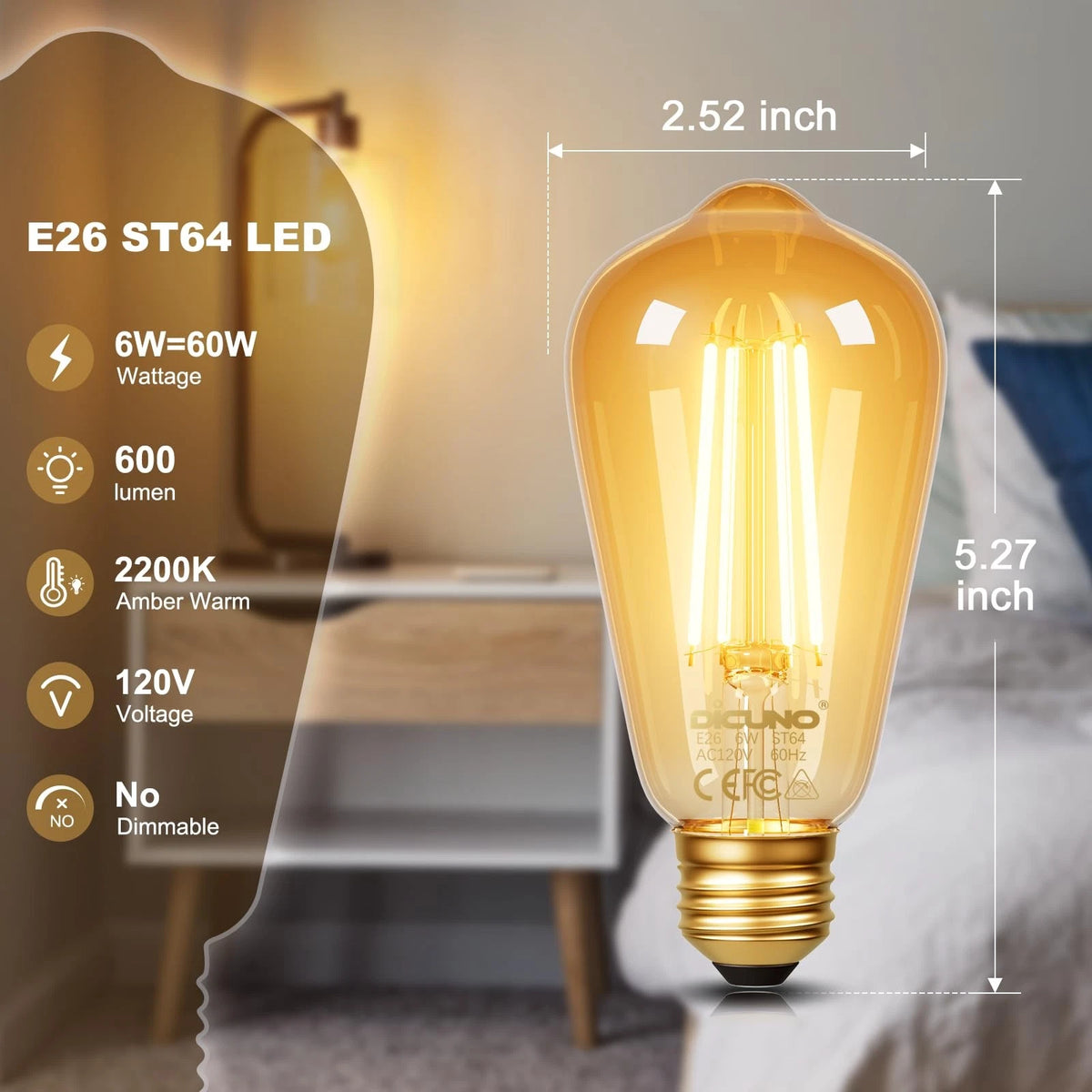 2X E26 Edison Bulbs 60W 2200K Amber Warm (Warm 2200K)