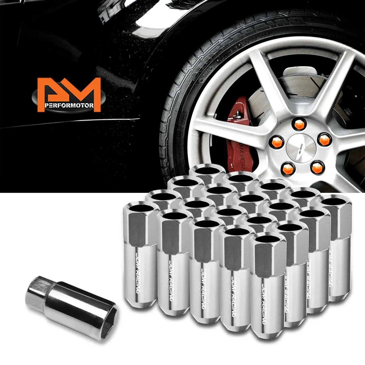 20Pc M12X1.25 Silver JDM Open-End Acorn Hex Wheel Lug Nuts + Extension 25mmx60mm