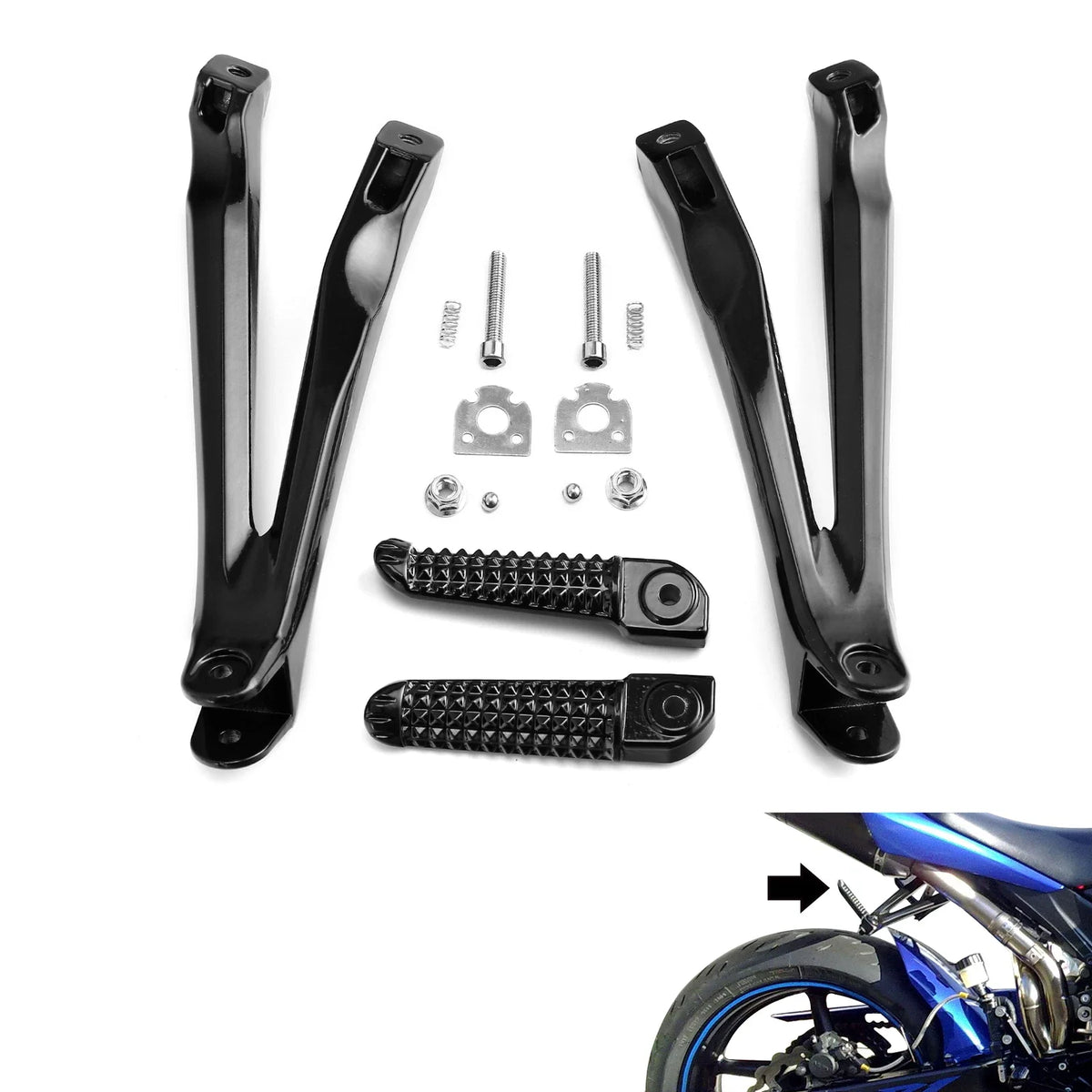 Gloss Black Rear Passenger Footpegs Bracket for Yamaha YZF R1 (2004–2008)