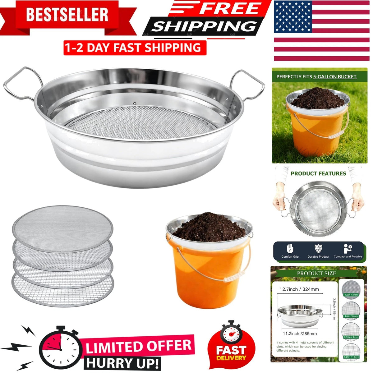 Soil Sifter for Gardening with Handles (Fits 5 Gallon Bucket)