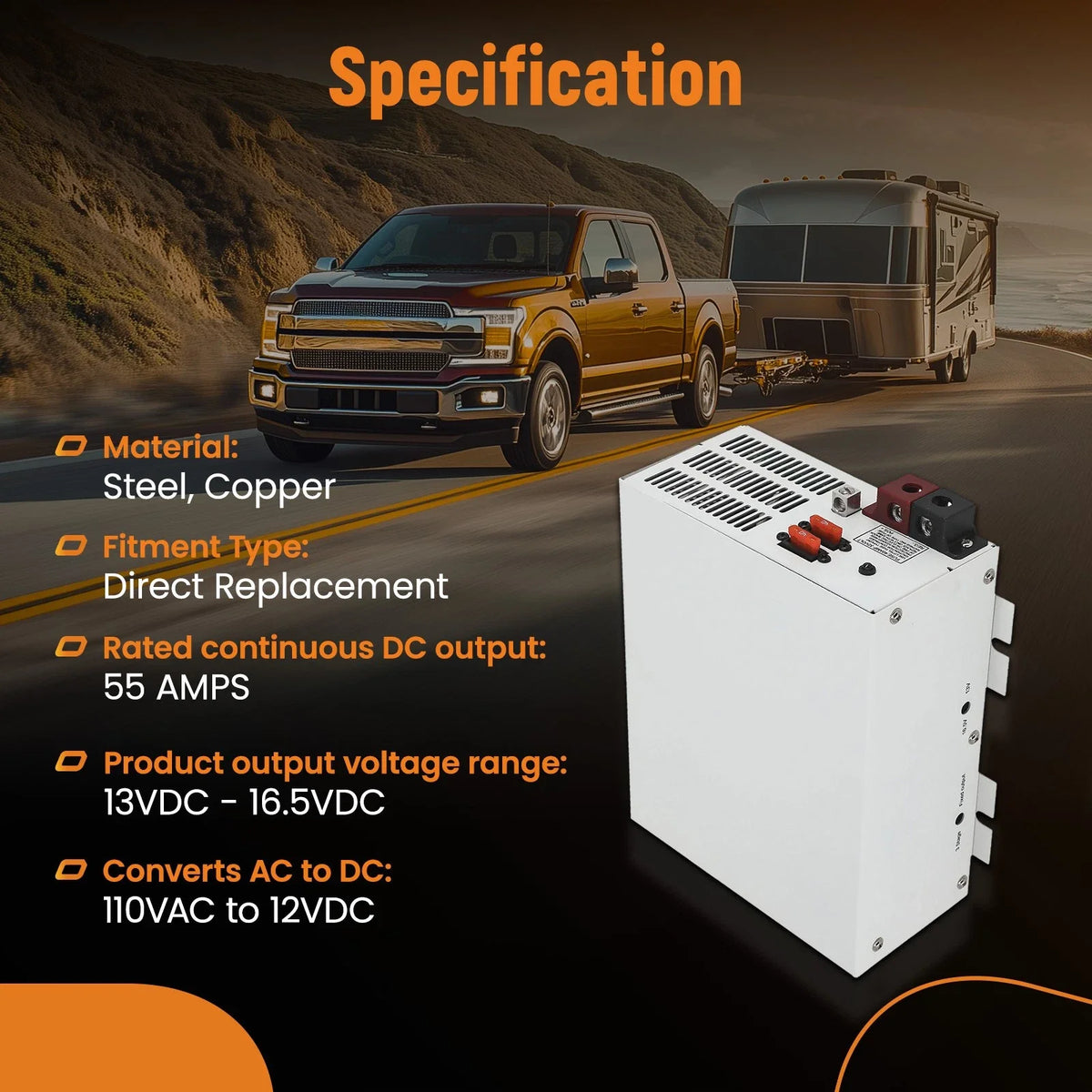 Power Converter Battery Charger PM3-55 for RV 55 Amps Steel Copper