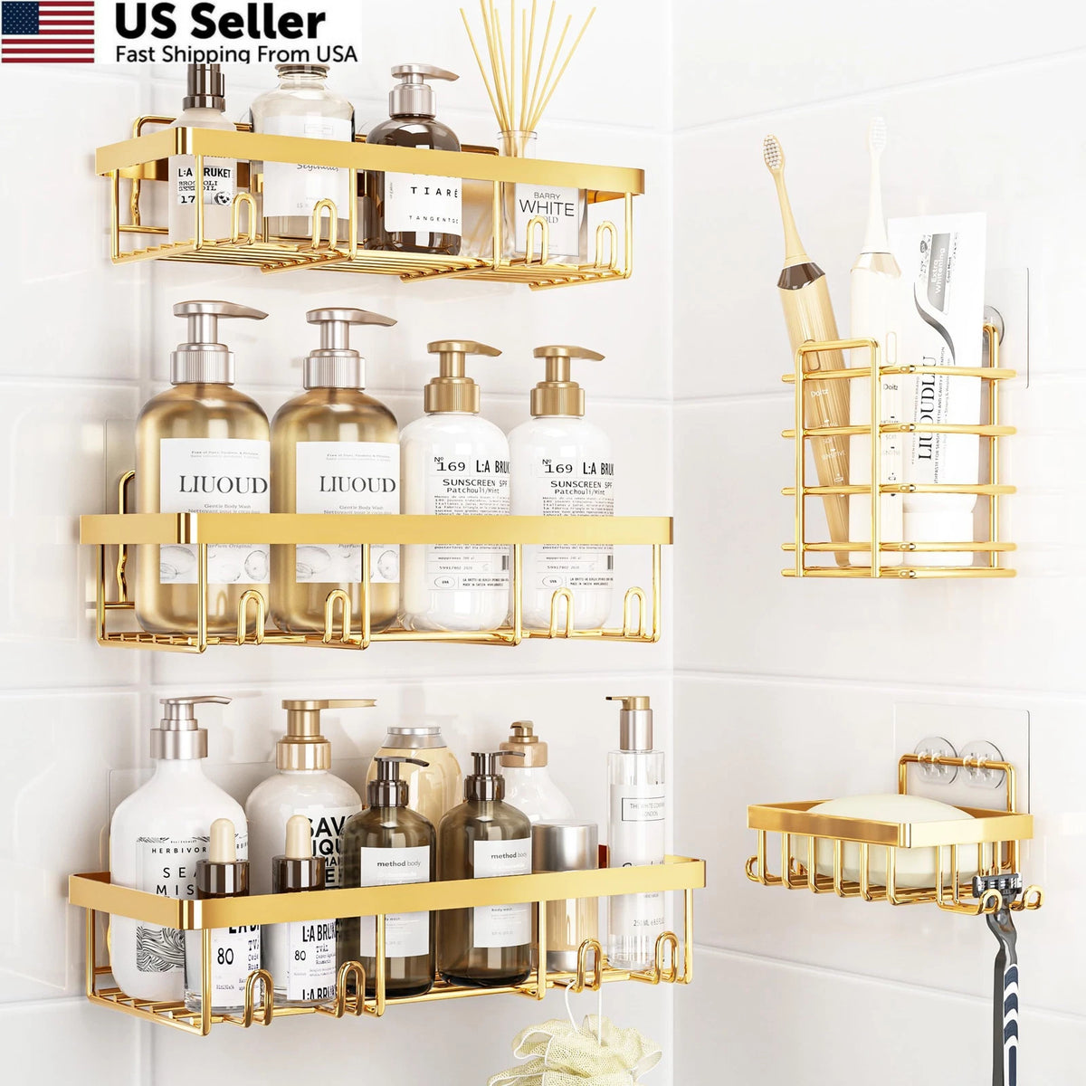 5 Pack Shower Caddy Organizer Rack Shelf - Gold