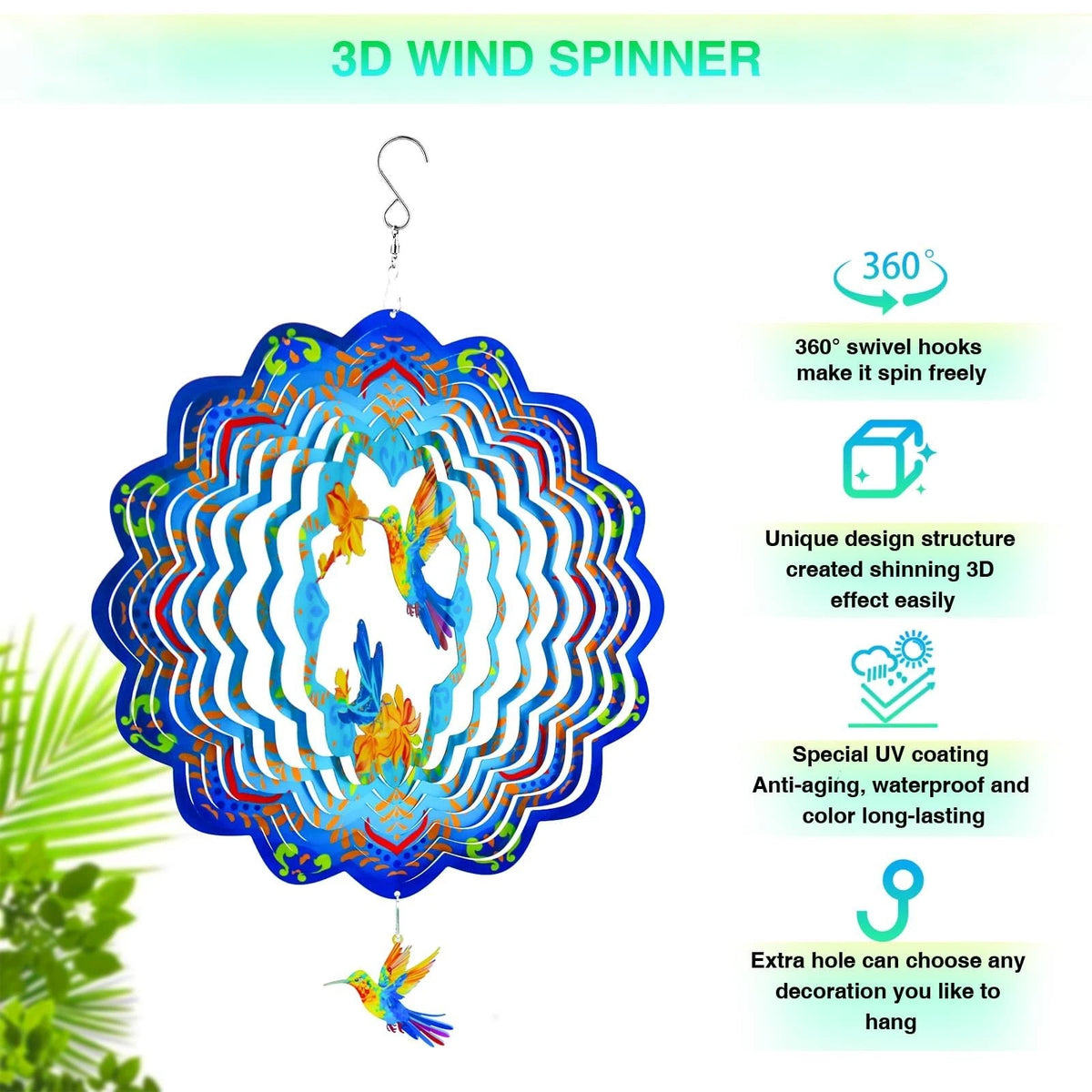 12" Hummingbird Wind Spinner with 360° Swivel Hook for Yard and Garden