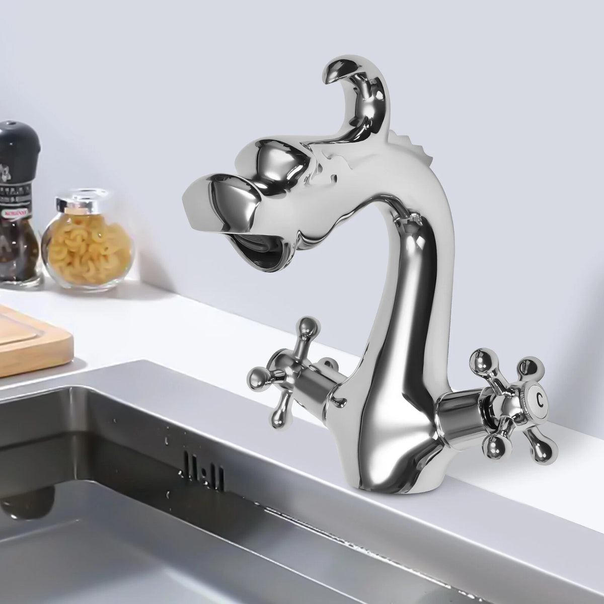Silver Dragon Shape Two-Handle Bathroom Sink Mixer Tap Faucet for