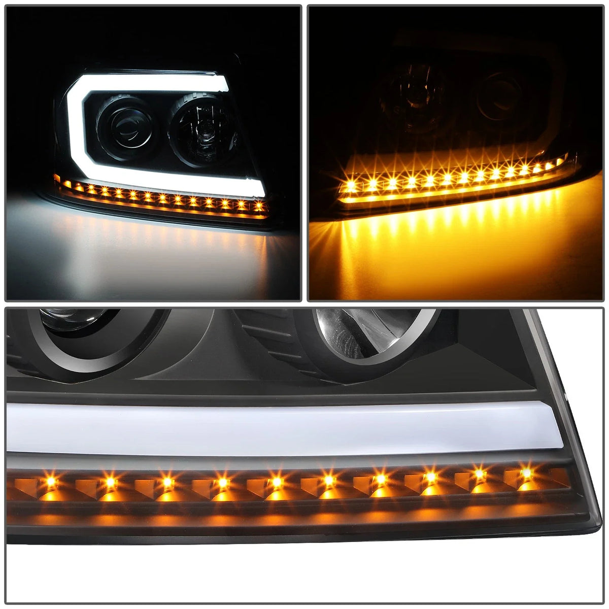 Set of 2 Black/Amber LED DRL Sequential Signal Projector Headlights for Ford F150 (2004–2008)