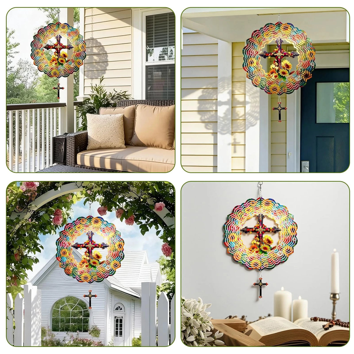 Cross Wind Spinners for Outdoor Hanging (12 Inch 3D Cross & Sunflower)