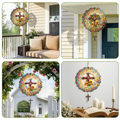 Cross Wind Spinners for Outdoor Hanging (12 Inch 3D Cross & Sunflower)