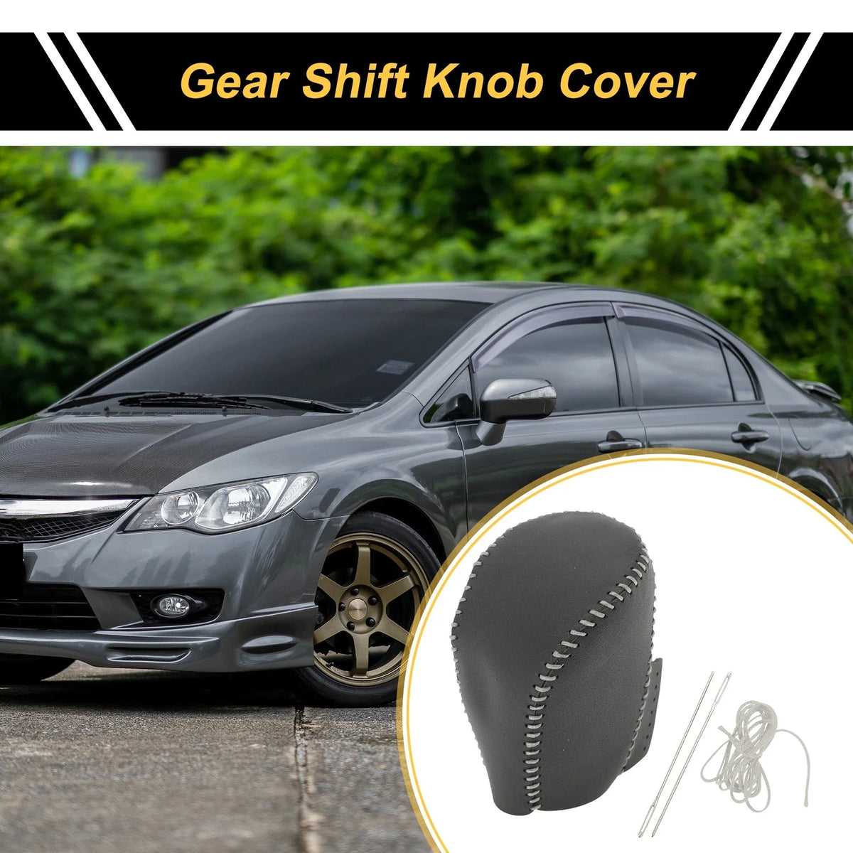 1 Pc Gear Shift Knob Cover for Honda Civic (2016–2021) Black Gray Faux Leather