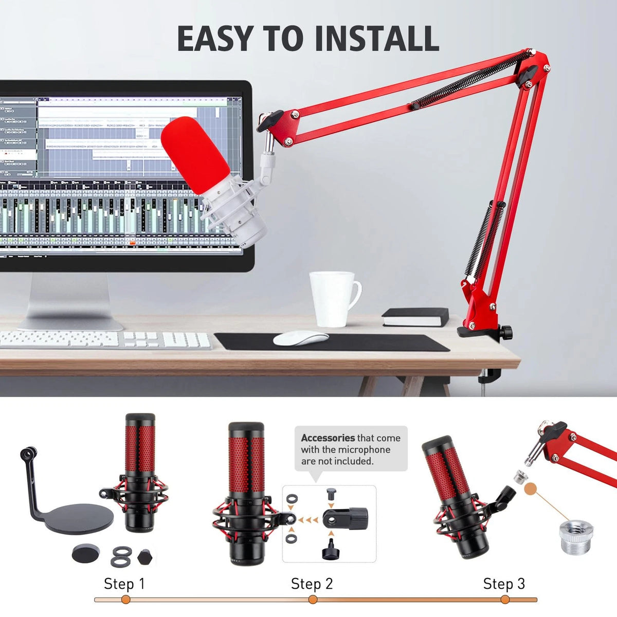Red Boom Arm with Pop Filter for HyperX QuadCast (12 cm x 40 x 5 cm)