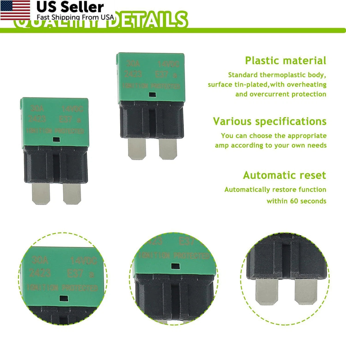 30A Auto Reset Circuit Breaker for DC 12V-14V Vehicles