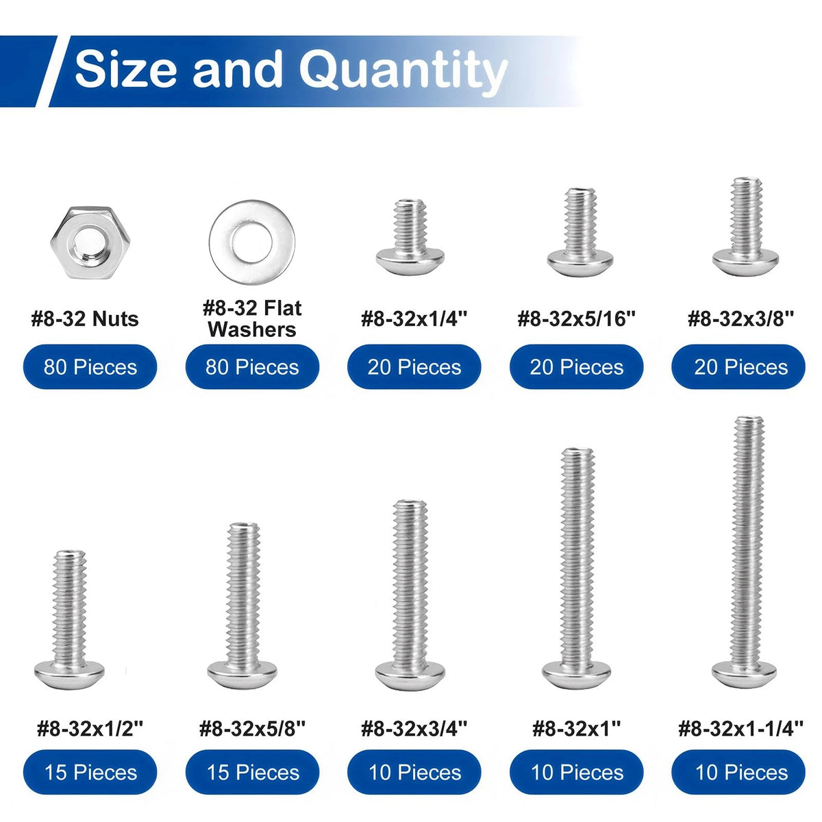 280pcs #8-32 Phillips Pan Head Machine Screws with Nuts, Silver