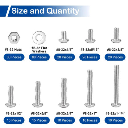 280pcs #8-32 Phillips Pan Head Machine Screws with Nuts, Silver