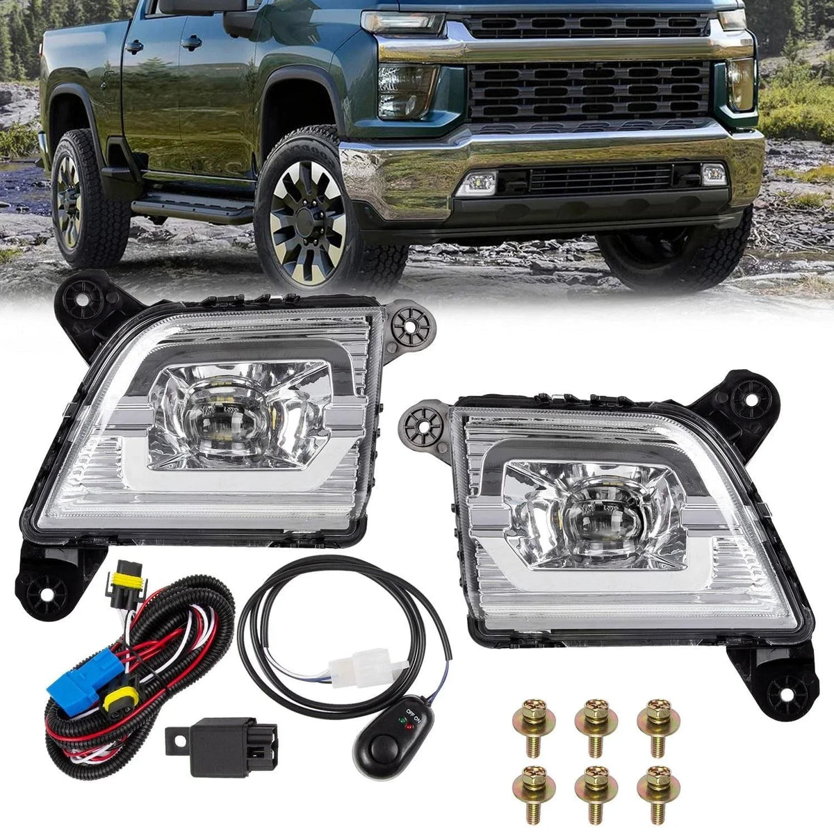 2X Front LED Fog Lights with Switch & Wiring Kit for Chevy Silverado (2019–2023)