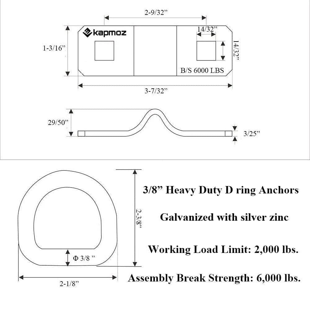 Set of 4 Heavy Duty 3/8” D Rings Tie Down Anchors Hooks for Trucks