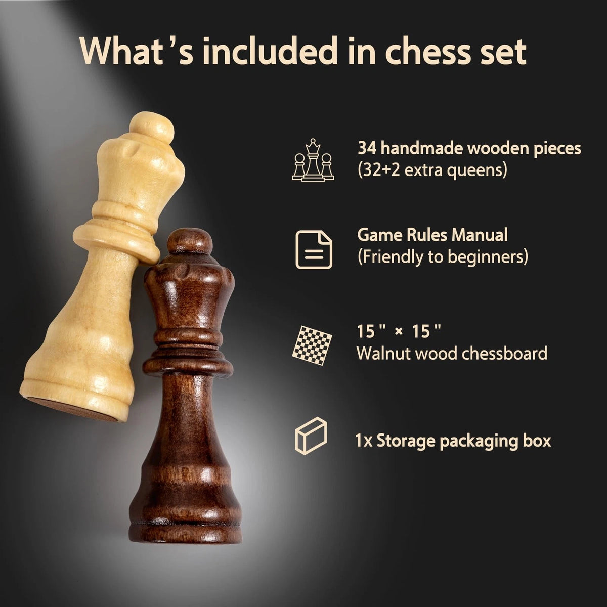 Chess Set for Adults - Handmade Walnut 15 inches, Textured Board