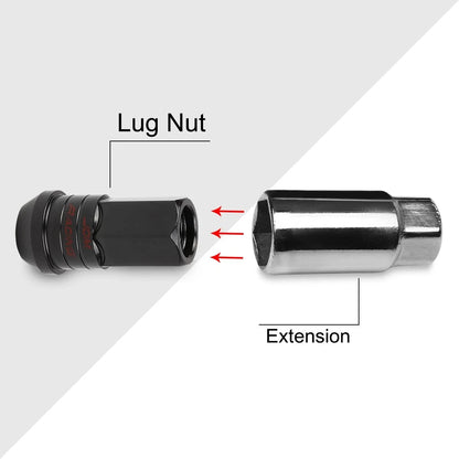 Set of 20 M12X1.25 Black JDM Open End Lug Nuts with Spline Locks and Key