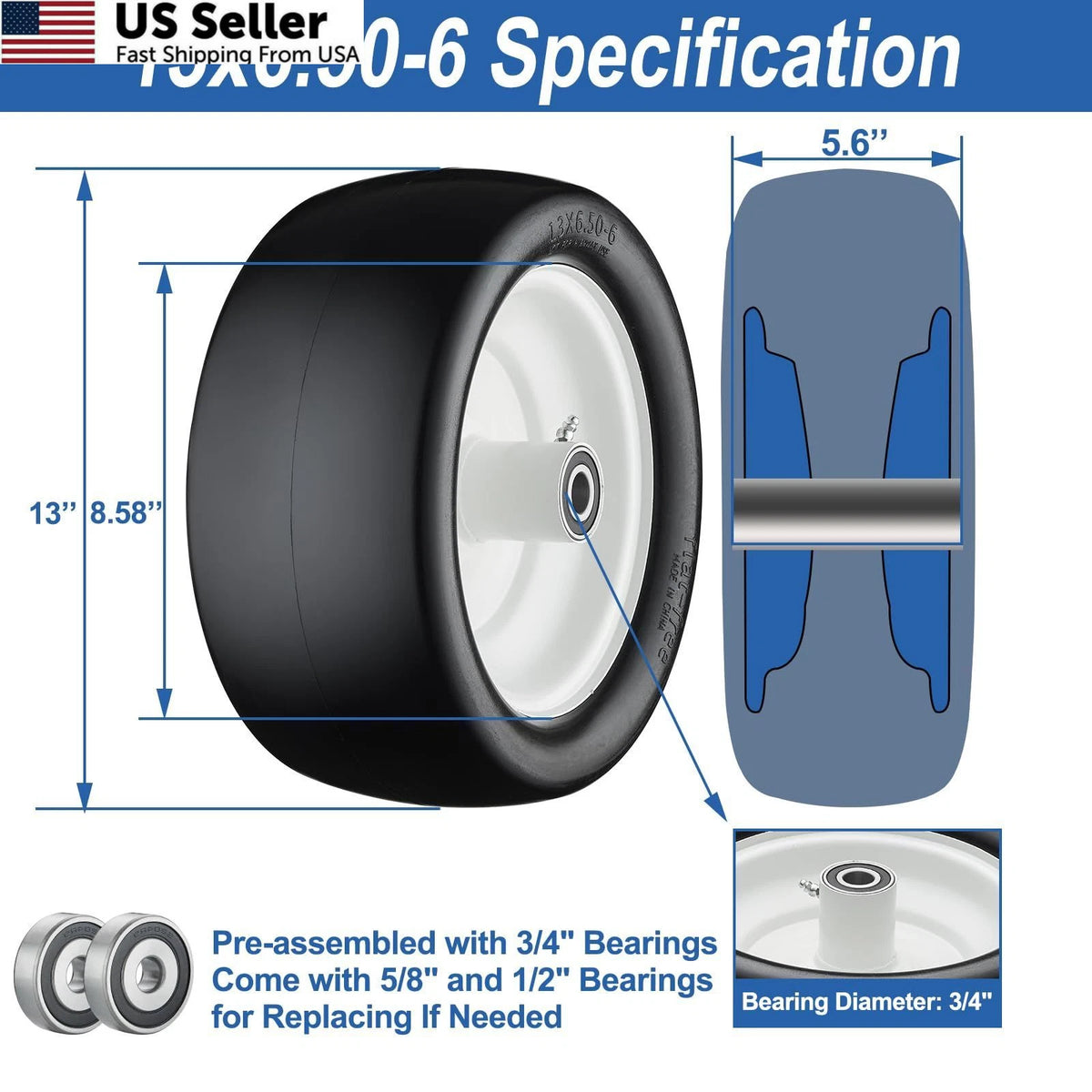 Set of 2 Flat Free Lawn Mower Tires 13x6.50-6