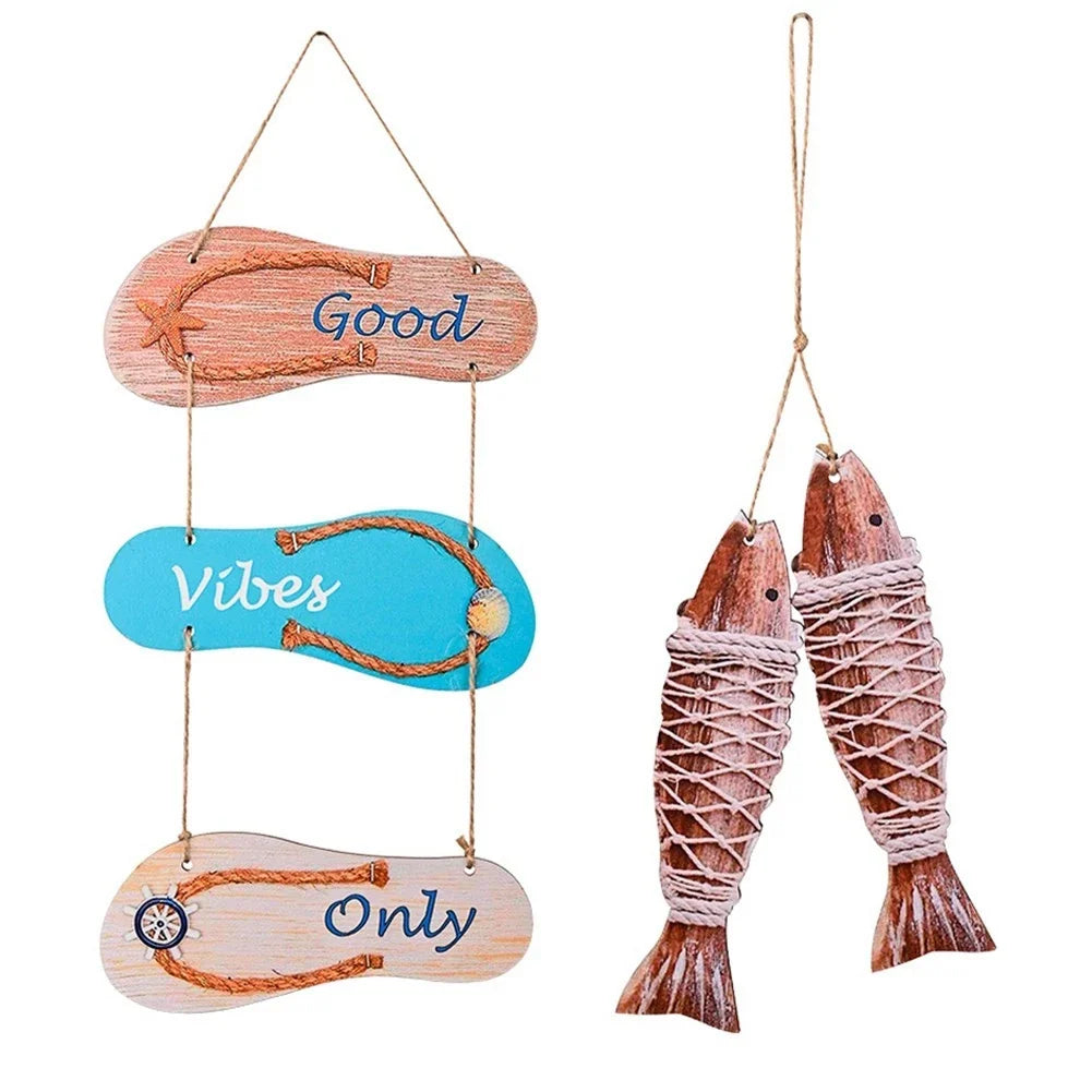 Wooden Marine Theme Flip Flops and Fish Pendant Wall Hanging Decor