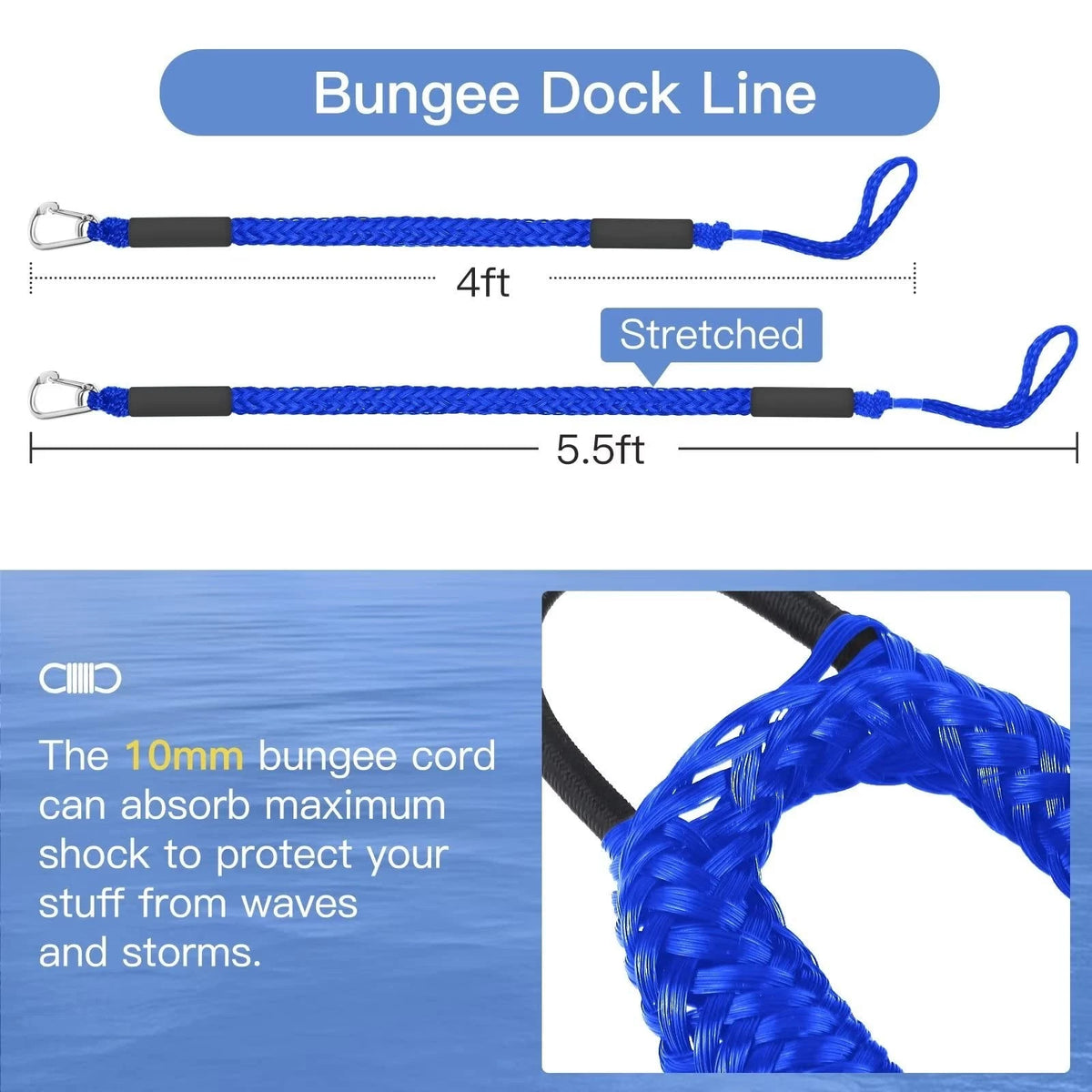 2X Boat Bungee Dock Lines for Jet Ski (4ft stretches to 5.5ft)