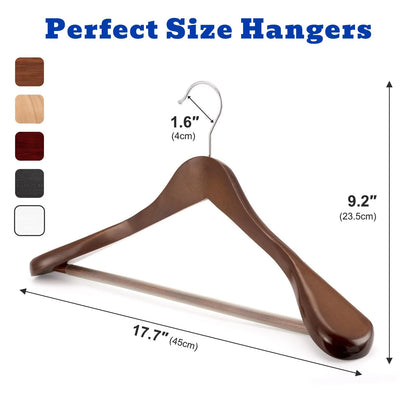 Set of 4 Wide Shoulder Wooden Suit Hangers with Non-Slip Pants Bar