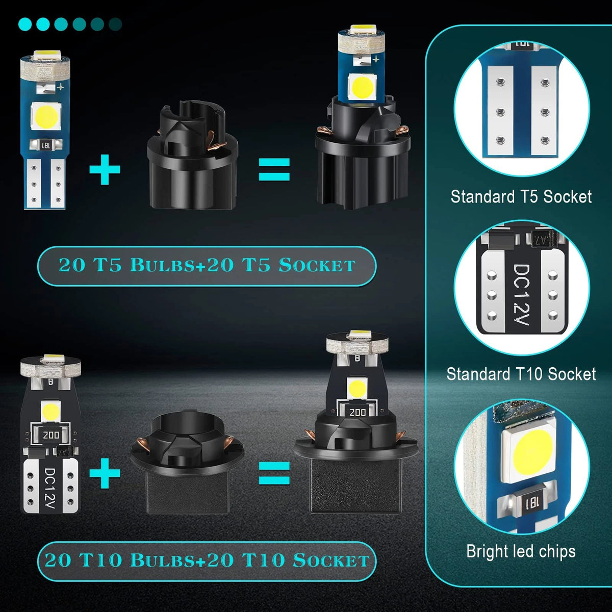 Set of 40 LED Bulbs with Sockets for Automotive (Non Polarity, White)