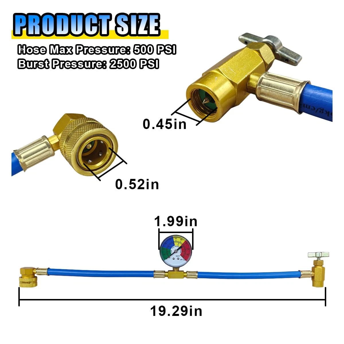R134A Car AC Refrigerant Charge Hose Kit with Gauge (19 Inch)