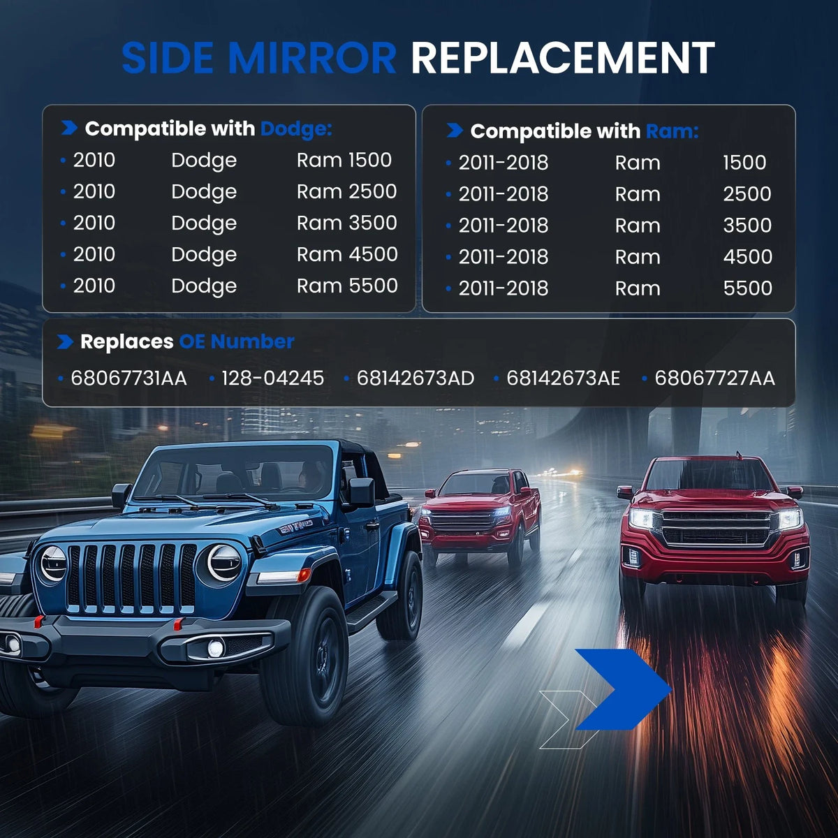 Mirror Glass Driver Side for Dodge Ram 1500-5500, 68067731AA (2002–2019)