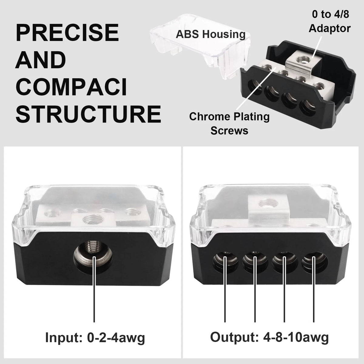4 Way Power Distribution Block Car Audio Splitter 0/2/4 Gauge Input