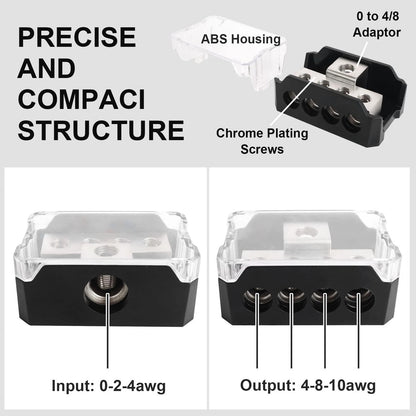 4 Way Power Distribution Block Car Audio Splitter 0/2/4 Gauge Input