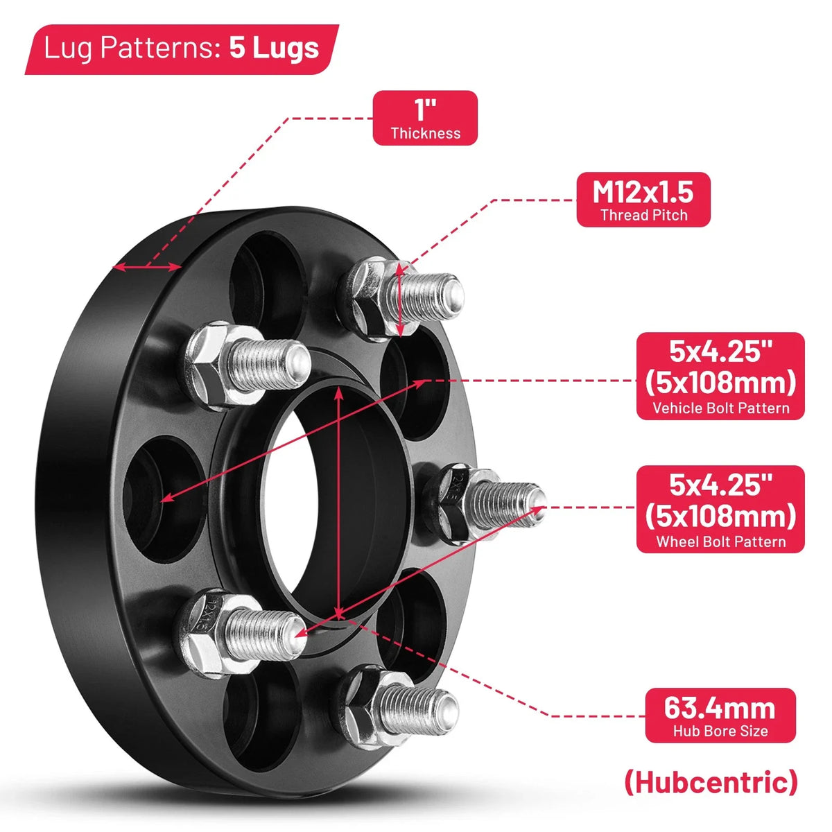 2X 1" Hubcentric 5x108 Wheel Spacers 12x1.5 Studs for Ford Jaguar