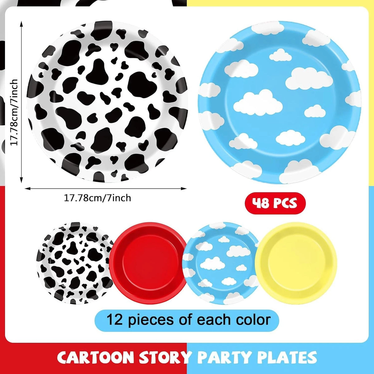 48 Pcs Cartoon Story Birthday Party Paper Plates for Toy Inspire Game Table