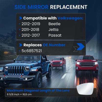 Left Side Mirror Glass for Volkswagen VW Passat Jetta Beetle (2011–2019)
