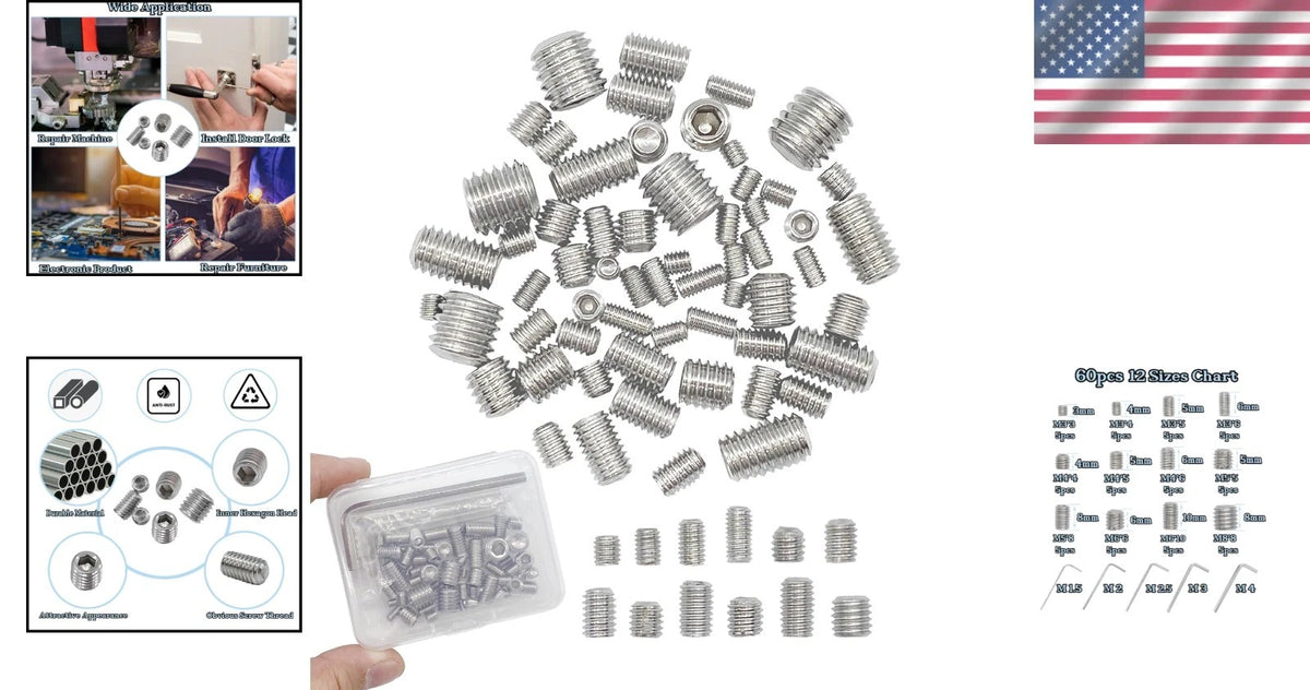 60pcs Stainless Steel Grub Screws for Electronics & Furniture