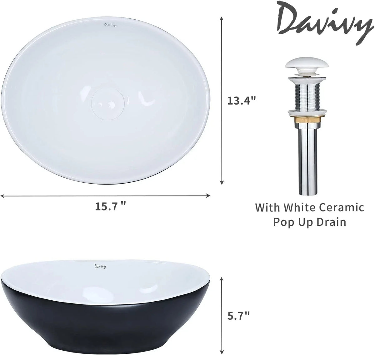 Matte Black Oval Vessel Sink with Pop Up Drain for Bathroom (15.7'' x 13.4'')