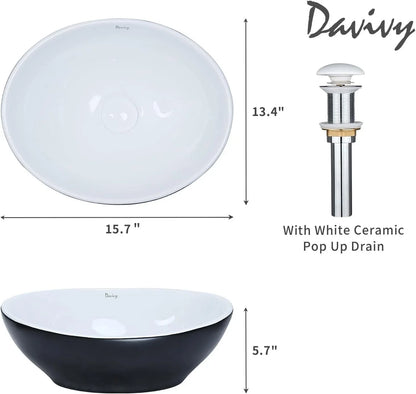 Matte Black Oval Vessel Sink with Pop Up Drain for Bathroom (15.7'' x 13.4'')
