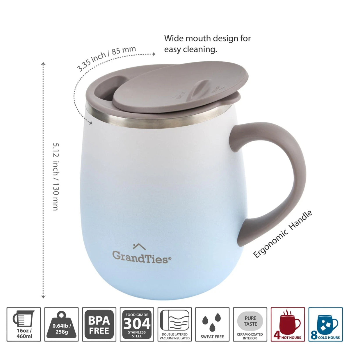 16oz Ceramic-Lined Insulated Coffee Mug for Grandties (No Part Numbers)