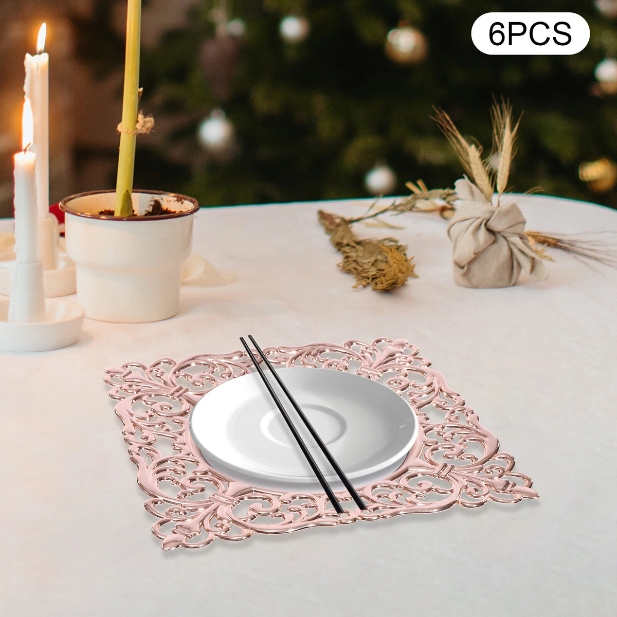 Set of 6 Square Plastic Charger Plates with Embossed Rims for Wedding