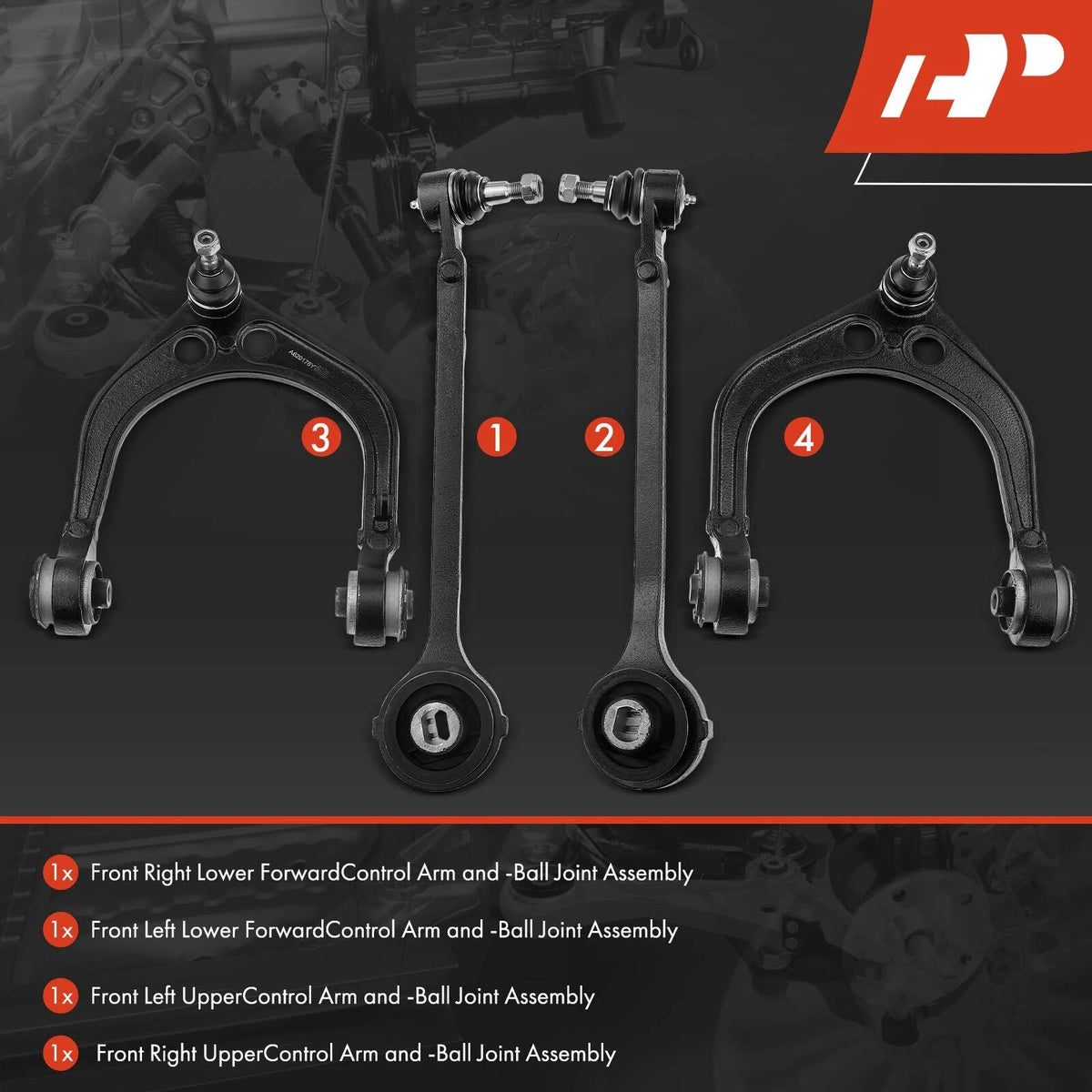 Set of 4 Front Control Arms with Ball Joints for Dodge Charger (2006–2016) - 4782612AA, 4782612AB, 4782612AC, 4782612AD