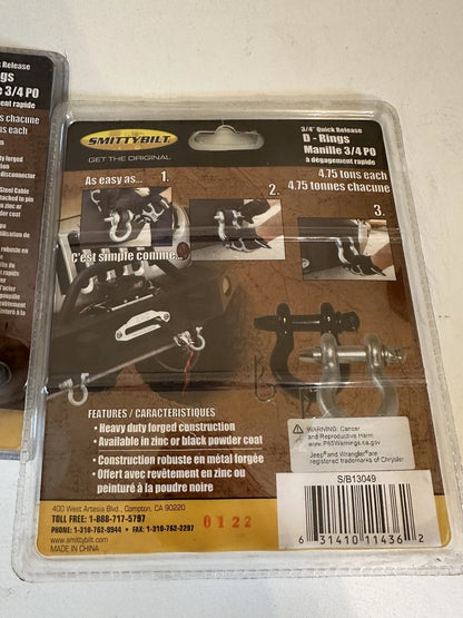 Set of 2 Zinc Plated Quick Release D-Ring Shackles for Universal Use (3/4 In, 4.5 Tons)