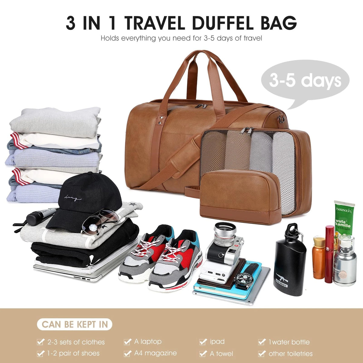3X Faux Leather Weekender Bag for Women Men - Large, Light Brown