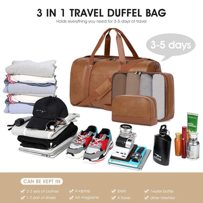 3X Faux Leather Weekender Bag for Women Men - Large, Light Brown